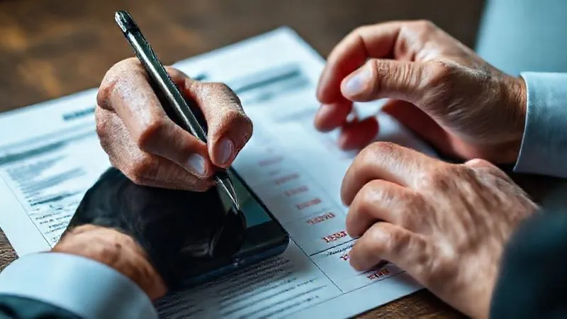 A close-up, photorealistic image of a landlord's hand holding a pen, poised over a financial statement with red negative numbers, while the other hand rests on a phone, implying a call to a lender. Professional photography, 8K, cinematic lighting, sharp focus on the statement and pen, depth of field blurring the background, shot on a high-end DSLR.