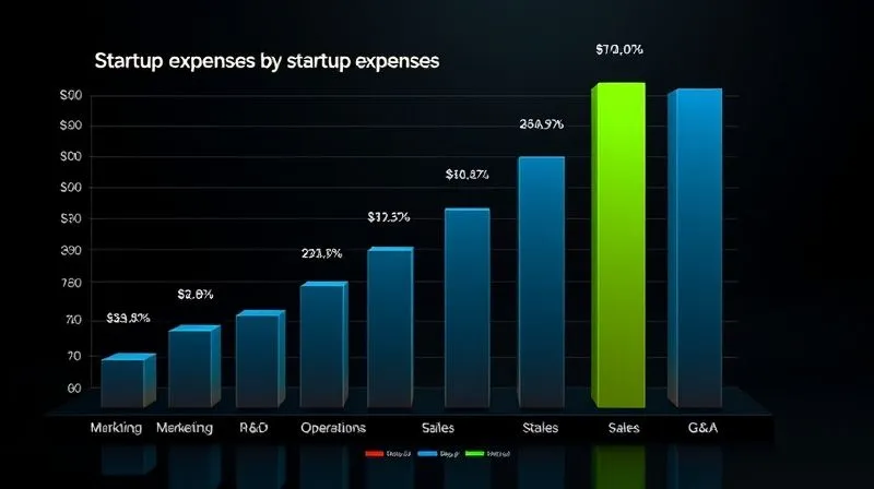 A photorealistic 3D bar chart illustrating startup expenses categorized by department (Marketing, R&D, Operations, Sales, G&A), with one bar significantly taller and highlighted, indicating an outlier. The chart is dynamic, with data flowing, set against a dark, professional background with soft, cinematic lighting, sharp focus on the chart, depth of field blurring background, 8K hyper-detailed, shot on a high-end DSLR.