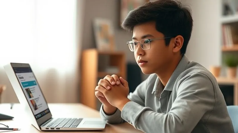 A photorealistic image of a young student, looking calm but focused, sitting at a desk with a laptop open to a scholarship portal. Their hands are clasped, suggesting thoughtful assessment rather than panic. Soft, warm cinematic lighting, sharp focus on the student's face, depth of field blurring the background, 8K, shot on a high-end DSLR.