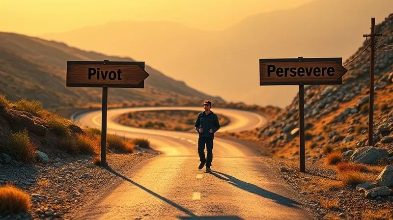 A photorealistic image of a fork in a winding road, with one path clearly labeled "Pivot" leading to a new, vibrant landscape, and the other labeled "Persevere" leading to a challenging, rocky terrain. A single, determined hiker stands at the junction, contemplating the choice. Warm, early morning light, sharp focus on the signs, depth of field, 8K hyper-detailed, shot on a high-end DSLR.