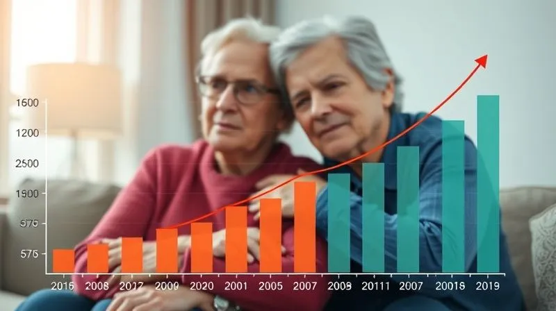 A photorealistic, professional photography, 8K, cinematic lighting, sharp focus, depth of field, shot on a high-end DSLR image of a detailed financial bar chart showing escalating long-term care costs over years, with a worried senior couple in the background, symbolizing the financial burden.