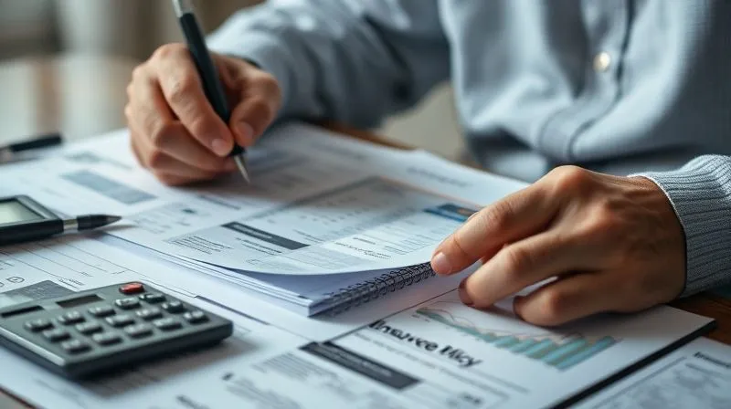 A photorealistic, professional photography, 8K, cinematic lighting, sharp focus, depth of field, shot on a high-end DSLR image of a senior's hands carefully sifting through various financial documents and insurance policies, surrounded by a calculator and a pen, emphasizing meticulous financial review.