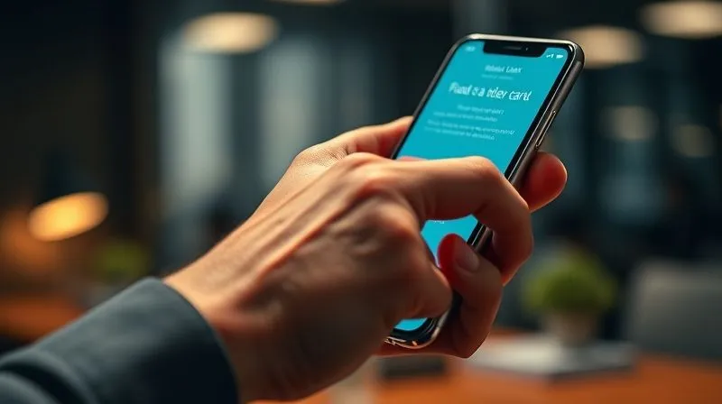 A photorealistic, intense close-up of a business owner's hand urgently pressing buttons on a smartphone, with a blurred background of a dimly lit office. The phone screen shows a bank's fraud alert message. Professional photography, 8K, cinematic lighting, sharp focus on the hand and phone, depth of field blurring the background.