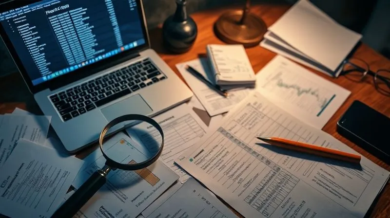 A photorealistic, high-angle shot of a detective's desk, with scattered financial documents, a magnifying glass, a laptop displaying network logs, and a pen circling suspicious entries. The scene is lit with cinematic, focused lighting, highlighting the details of the investigation. Professional photography, 8K, sharp focus on the documents, depth of field blurring the background.