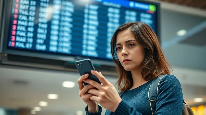 photorealistic, professional photography, 8K, cinematic lighting, sharp focus, depth of field, shot on a high-end DSLR, a person on a smartphone, looking concerned but determined, with a credit card in hand, against a blurred backdrop of an airport departure board.