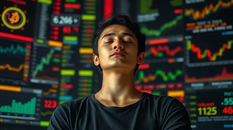A photorealistic image of a person meditating calmly amidst a chaotic background of flashing cryptocurrency charts and news headlines, symbolizing emotional resilience in a volatile market. Their eyes are closed, a faint glow surrounds them. Professional photography, 8K, cinematic lighting, sharp focus on the person, depth of field blurring the background, shot on a high-end DSLR.