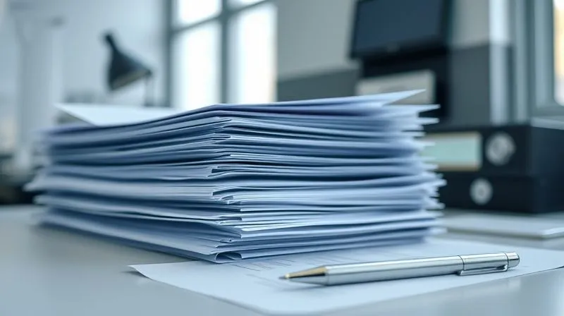 Photorealistic image of a meticulously organized stack of business documents, neatly labeled folders, and a pen on a clean desk, symbolizing preparation and control during an audit. 8K, cinematic lighting, sharp focus on the documents, depth of field blurring the background, shot on a high-end DSLR.