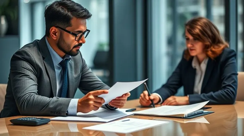 Photorealistic image of two professionals (one representing the business, one the auditor) engaged in a focused discussion over a table, with documents and a calculator, conveying negotiation and problem-solving, a sense of careful consideration. 8K, cinematic lighting, sharp focus on their interaction, depth of field blurring the background, shot on a high-end DSLR.