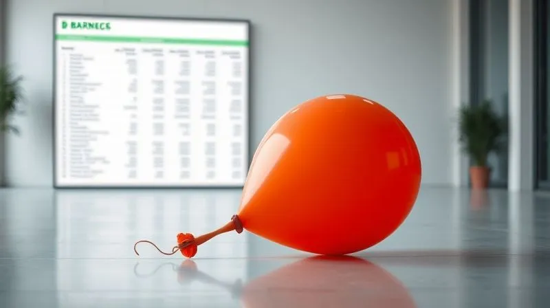 A photorealistic image showing a single, deflated balloon lying on a stark, empty office floor, with a blurred background of a budget spreadsheet on a computer screen, cinematic lighting, sharp focus on the balloon, depth of field, 8K hyper-detailed, professional photography.