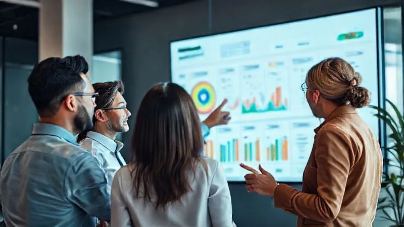 A photorealistic image of a diverse team of professionals collaboratively looking at a large digital screen displaying an expense management dashboard. One person points to a specific metric, while others nod in understanding. The setting is a modern, well-lit office. 8K, cinematic lighting, sharp focus on the team and screen, depth of field, shot on a high-end DSLR.