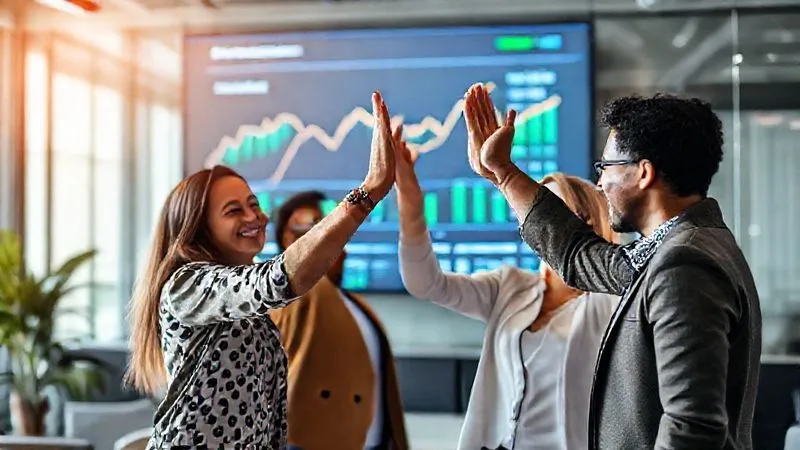 A photorealistic image of a professional, diverse team celebrating a successful financial quarter in a modern office, with a large digital screen in the background displaying positive financial graphs and budget achievement. They are smiling and high-fiving, conveying a sense of accomplishment and financial well-being. 8K, cinematic lighting, sharp focus on the team, depth of field, shot on a high-end DSLR.