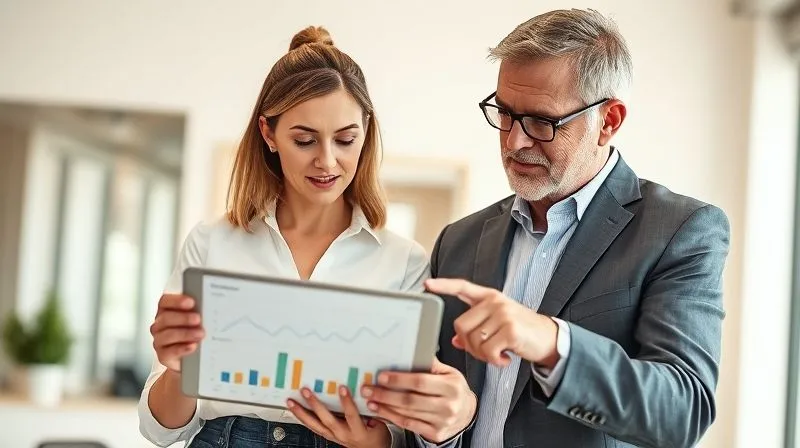A photorealistic image of a business owner, a woman in her late 30s, looking thoughtfully at a tablet displaying financial graphs, while a professional financial advisor, a man in his 50s, points to a specific data point, offering guidance. They are in a modern, well-lit office. Professional photography, 8K, cinematic lighting, sharp focus on their faces and the tablet, depth of field, shot on a high-end DSLR.