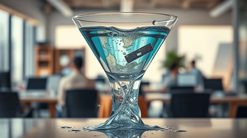 A photorealistic image of a vibrant, modern sales funnel with clear stages, but with visible cracks and water (representing leads) leaking out at various points. The background is a slightly blurred, bustling office environment, emphasizing missed opportunities. Cinematic lighting, sharp focus, 8K hyper-detailed.