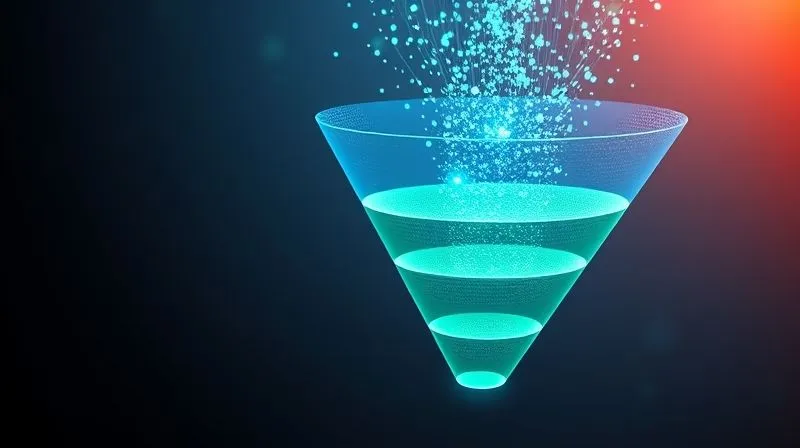 photorealistic, professional photography, 8K, cinematic lighting, sharp focus, depth of field, shot on a high-end DSLR, a vibrant, multi-layered digital funnel, with data points flowing in at the top, representing diverse user behaviors. As the data progresses down the funnel, it converges into distinct, segmented streams, each leading to a personalized product offer (e.g., 'Premium Account,' 'Investment Portfolio,' 'Credit Builder'). The funnel is glowing with soft blue and green light, symbolizing data intelligence and growth.