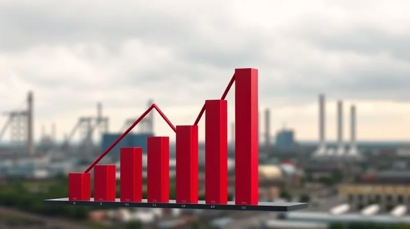 A photorealistic 3D bar chart showing a sharp decline in an economic indicator (e.g., "Industry Growth") over recent quarters, with a backdrop of a blurred, industrial landscape under overcast skies. The chart uses a modern, clean design, cinematic lighting, sharp focus on the chart, depth of field blurring the background, 8K hyper-detailed, professional photography, shot on a high-end DSLR.