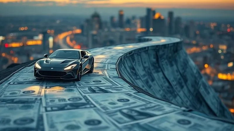 photorealistic, professional photography, 8K, cinematic lighting, sharp focus, depth of field, shot on a high-end DSLR. A winding, uphill road made of banknotes, with a luxurious sports car driving up it. The road ahead seems endless, and the car's headlights illuminate a path that gets steeper, symbolizing escalating lifestyle costs. The background is a blurred city skyline at dusk.
