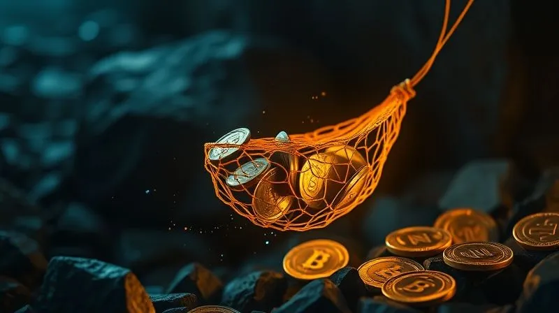 photorealistic, professional photography, 8K, cinematic lighting, sharp focus, depth of field, shot on a high-end DSLR. A sturdy, glowing golden safety net catching falling coins and banknotes, preventing them from hitting hard, sharp rocks below. The background is dark and turbulent, suggesting unforeseen challenges, with the net clearly illuminated as a protective barrier.